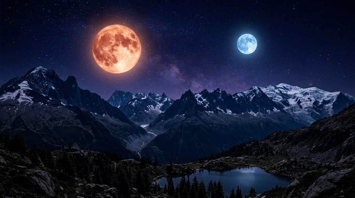 A red moon and a pale blue moon over snowy mountains and a lake